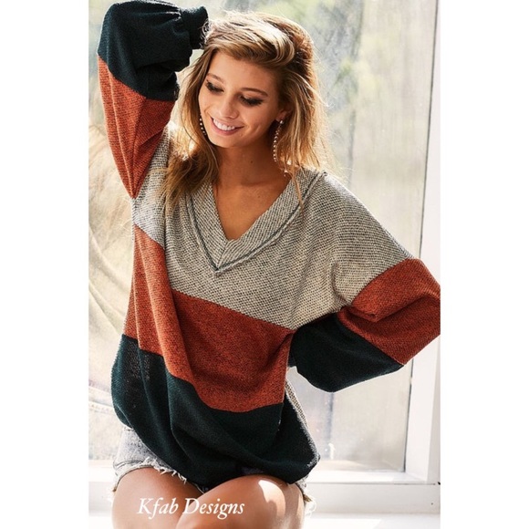LAST ONE V Neck Colorblock Fall Colors Knit Top - Picture 2 of 7